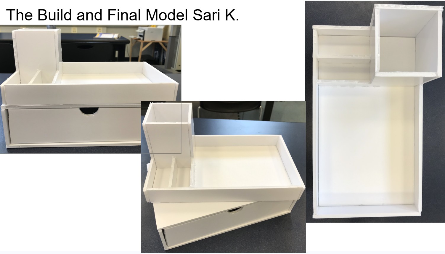 A two-tier foam board organizer with an open drawer and phone stand